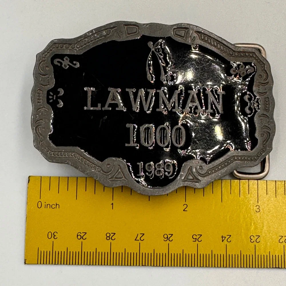 Vintage Lawman 1000 Belt Buckle 1989 Black Enamel Western Made in USA CD Hit